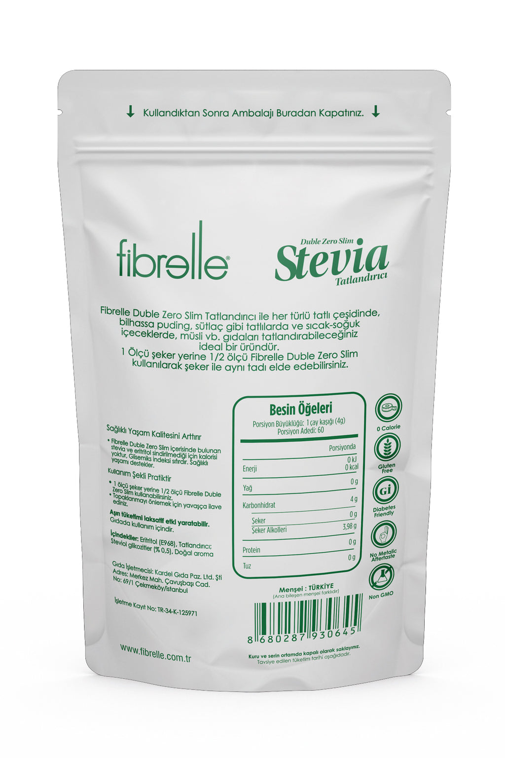 Fibrelle Duble Zero Slim Stevia Tatlandırıcı 240 g