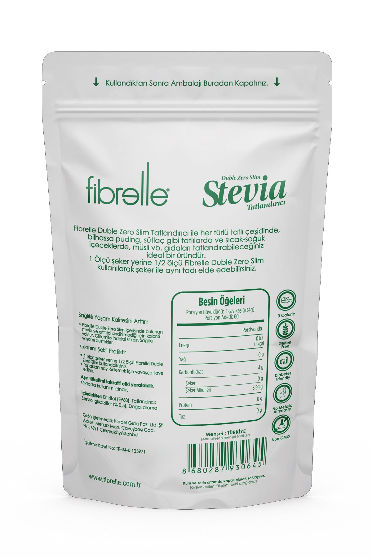 Fibrelle Duble Zero Slim Stevia Tatlandırıcı 240 g