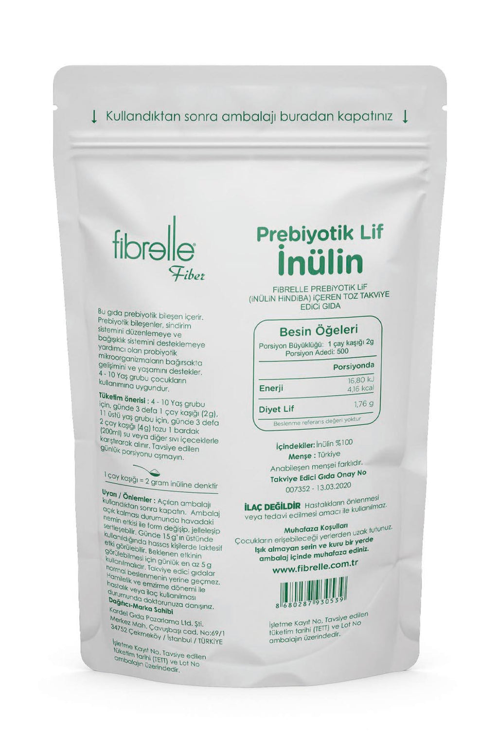 Fibrelle Doğal Prebiyotik Lif & İnulin (Hindiba Lifi) 1 kg.
