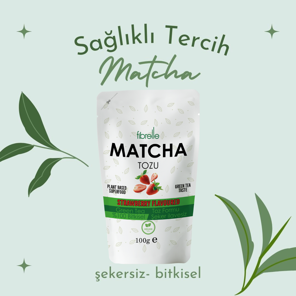 Fibrelle Çilek Aromalı Saf Matcha Tozu 100 g. (Strawberry pure Matcha Powder)