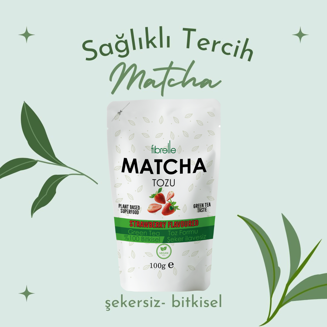 Fibrelle Çilek Aromalı Saf Matcha Tozu 100 g. (Strawberry pure Matcha Powder)