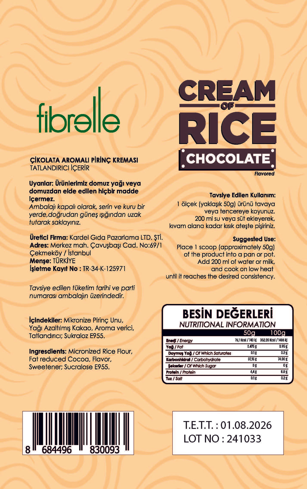 Fibrelle CREAM OF RİCE Chocolate ( Çikolata ) 1 Kg