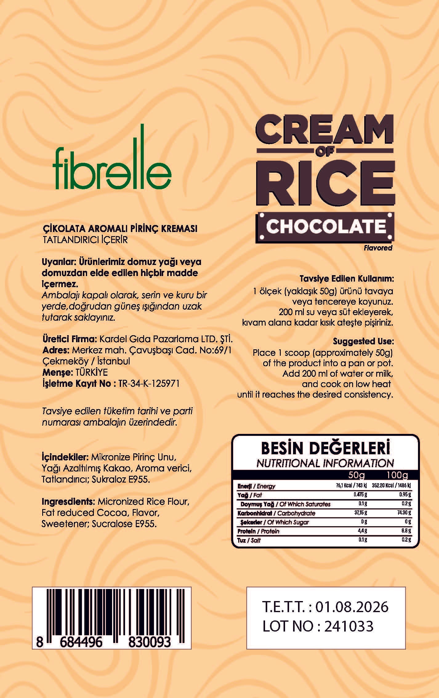 Fibrelle CREAM OF RİCE Chocolate ( Çikolata ) 1 Kg
