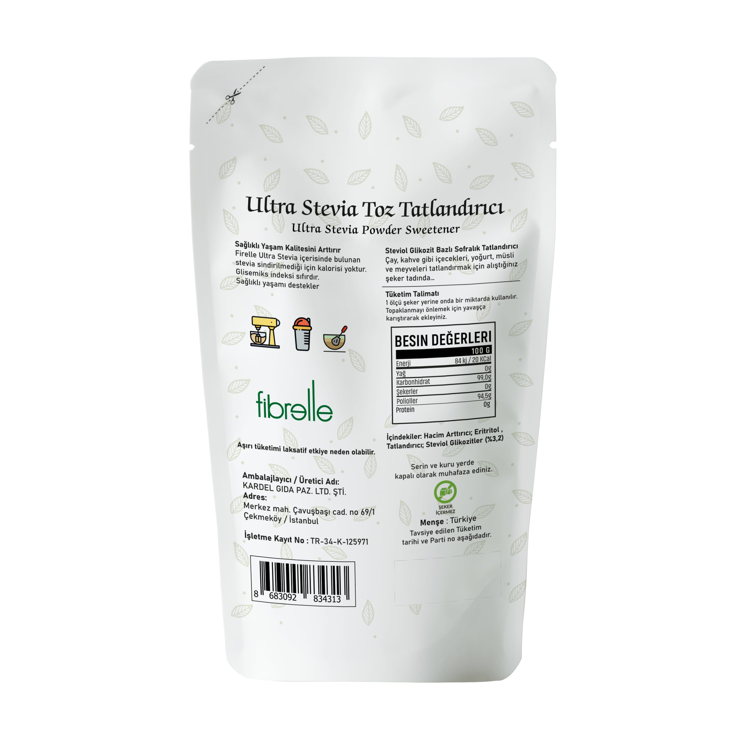 Fibrelle Ultra Stevialı Tatlandırıcı (Doypak 10 saşe x 10 g.) 100 g.