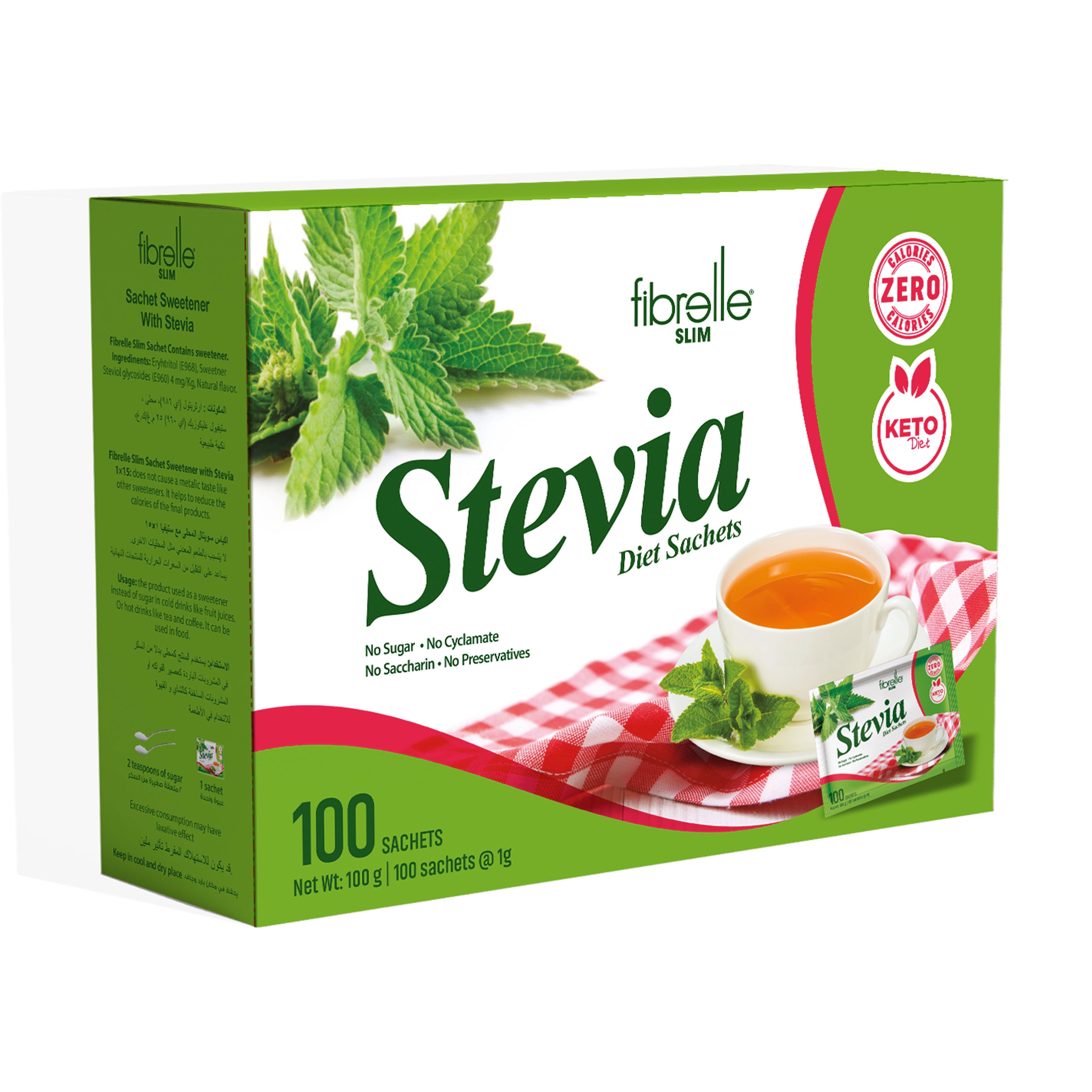 Fibrelle Slim Sachet Sweetener with Stevia Diet Saşe ( 100 Sachet/Box) 1g = 15 g Keto