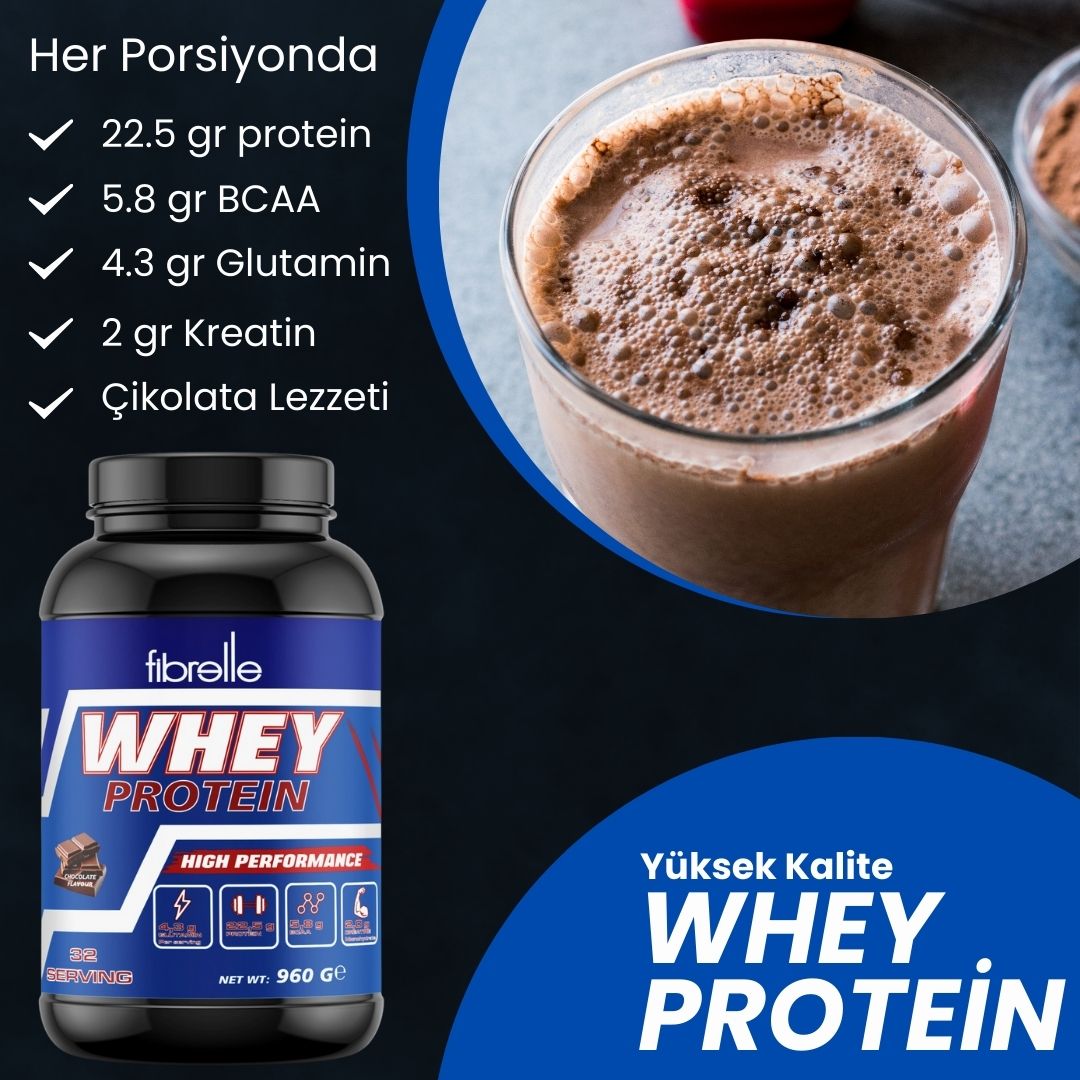 Fibrelle Whey Protein Çikolata Aromalı 960 g Protein Tozu – 32 Servis