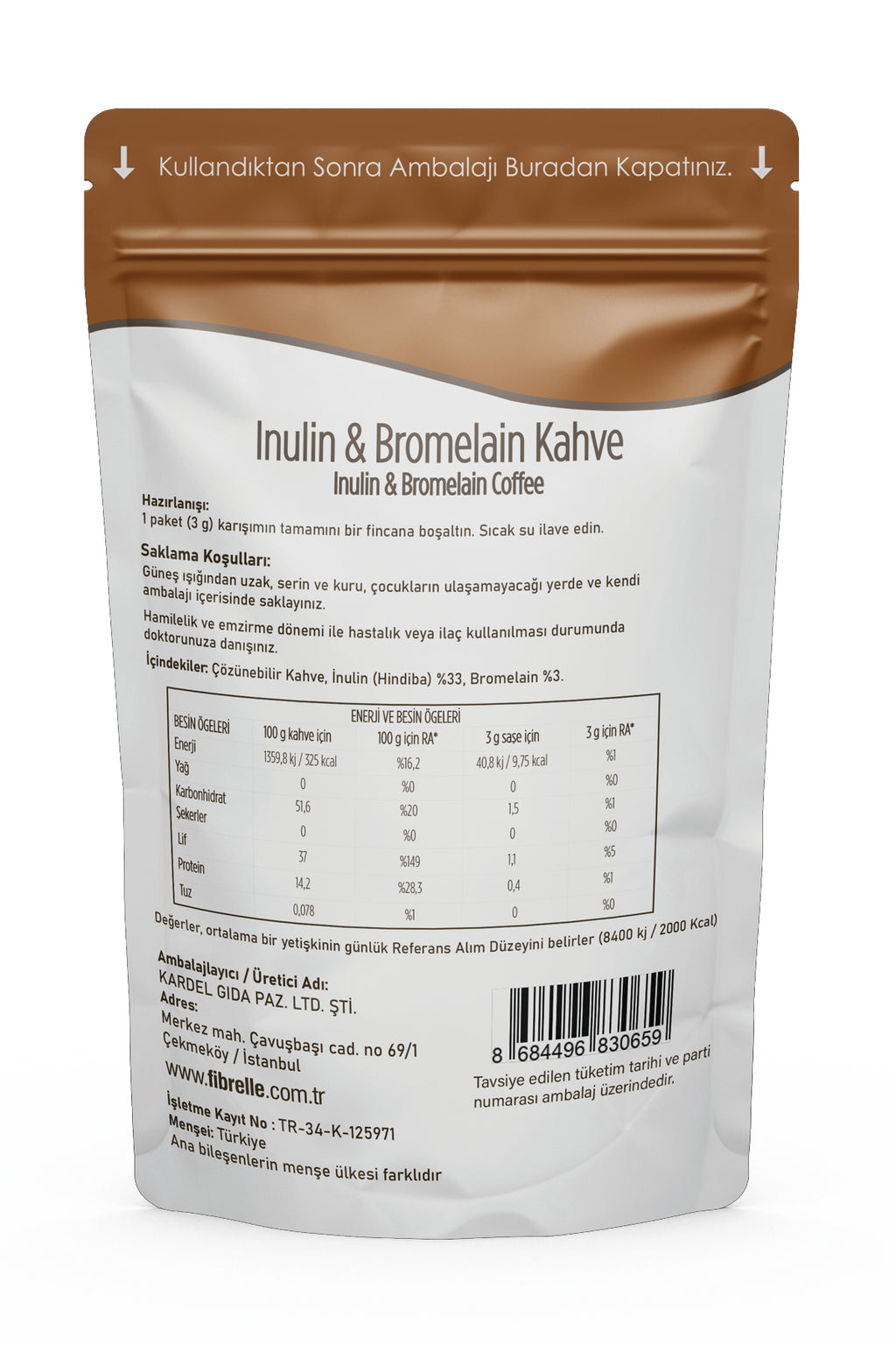Fibrelle İnülin & Bromelain Detox Kahve 180 g. (60 Saşe x 3 g.)